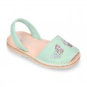 Mint soft leather girl Menorquina sandals with rear strap and BUTTERFLIES design.