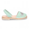 Mint soft leather girl Menorquina sandals with rear strap and BUTTERFLIES design.