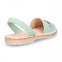 Mint soft leather girl Menorquina sandals with rear strap and BUTTERFLIES design.