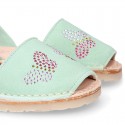 Mint soft leather girl Menorquina sandals with rear strap and BUTTERFLIES design.