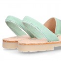 Mint soft leather girl Menorquina sandals with rear strap and BUTTERFLIES design.