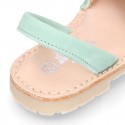 Mint soft leather girl Menorquina sandals with rear strap and BUTTERFLIES design.