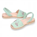 Mint soft leather girl Menorquina sandals with rear strap and BUTTERFLIES design.
