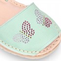 Mint soft leather girl Menorquina sandals with rear strap and BUTTERFLIES design.