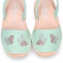 Mint soft leather girl Menorquina sandals with rear strap and BUTTERFLIES design.