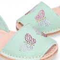 Mint soft leather girl Menorquina sandals with rear strap and BUTTERFLIES design.