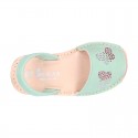 Mint soft leather girl Menorquina sandals with rear strap and BUTTERFLIES design.