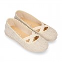 METAL LINEN canvas Girl ballet flats dancer style with elastic crossed bands.