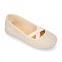 METAL LINEN canvas Girl ballet flats dancer style with elastic crossed bands.