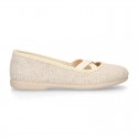 METAL LINEN canvas Girl ballet flats dancer style with elastic crossed bands.