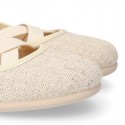 METAL LINEN canvas Girl ballet flats dancer style with elastic crossed bands.