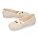 METAL LINEN canvas Girl ballet flats dancer style with elastic crossed bands.