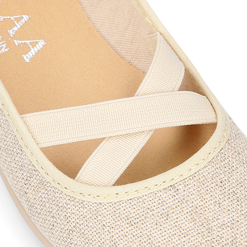 METAL LINEN canvas Girl ballet flats dancer style with elastic crossed bands. TK267 OkaaSpain