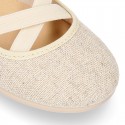 METAL LINEN canvas Girl ballet flats dancer style with elastic crossed bands.