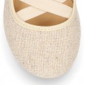 METAL LINEN canvas Girl ballet flats dancer style with elastic crossed bands.