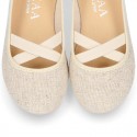 METAL LINEN canvas Girl ballet flats dancer style with elastic crossed bands.