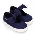 Cotton Canvas girl Mary Jane shoes Sneaker style laceless with BOW.