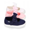 Cotton Canvas girl Mary Jane shoes Sneaker style laceless with BOW.