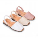 Shinny Soft leather Girl menorquinas sandal shoes with rear strap.