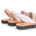 Shinny Soft leather Girl menorquinas sandal shoes with rear strap.