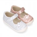 Shiny Nappa leather OKAA FLEX Girl Mary Jane shoes laceless with FLOWER design.