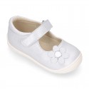 Shiny Nappa leather OKAA FLEX Girl Mary Jane shoes laceless with FLOWER design.