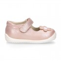 Shiny Nappa leather OKAA FLEX Girl Mary Jane shoes laceless with FLOWER design.