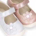 Shiny Nappa leather OKAA FLEX Girl Mary Jane shoes laceless with FLOWER design.