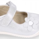 Shiny Nappa leather OKAA FLEX Girl Mary Jane shoes laceless with FLOWER design.