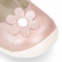 Shiny Nappa leather OKAA FLEX Girl Mary Jane shoes laceless with FLOWER design.