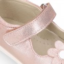 Shiny Nappa leather OKAA FLEX Girl Mary Jane shoes laceless with FLOWER design.