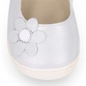 Shiny Nappa leather OKAA FLEX Girl Mary Jane shoes laceless with FLOWER design.