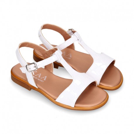 WHITE Patent Leather Girl T-Strap Sandal shoes for girls.