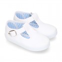 Cotton Canvas T-strap shoes with buckle fastening.