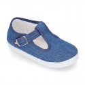 Cotton Canvas T-strap shoes with buckle fastening.