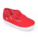 Cotton Canvas T-strap shoes with buckle fastening.