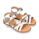 LAMINATED leather Girl sandal shoes with hook and loop strap closure with crossed straps design.