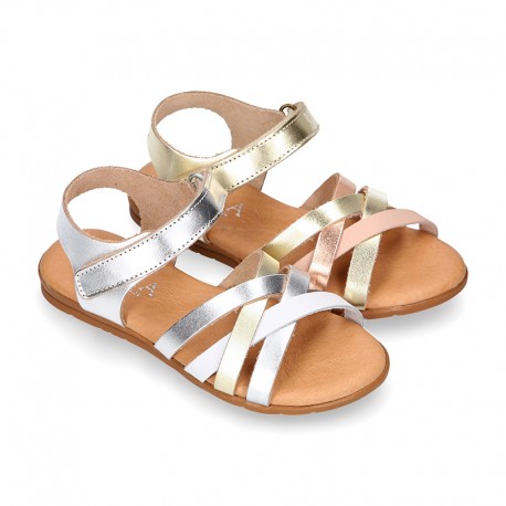 LAMINATED leather Girl sandal shoes with hook and loop strap closure with crossed straps design.