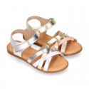 LAMINATED leather Girl sandal shoes with hook and loop strap closure with crossed straps design.