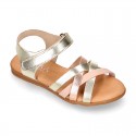 LAMINATED leather Girl sandal shoes with hook and loop strap closure with crossed straps design.