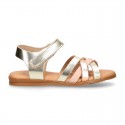 LAMINATED leather Girl sandal shoes with hook and loop strap closure with crossed straps design.