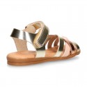 LAMINATED leather Girl sandal shoes with hook and loop strap closure with crossed straps design.