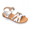 LAMINATED leather Girl sandal shoes with hook and loop strap closure with crossed straps design.