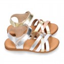 LAMINATED leather Girl sandal shoes with hook and loop strap closure with crossed straps design.