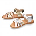 LAMINATED leather Girl sandal shoes with hook and loop strap closure with crossed straps design.