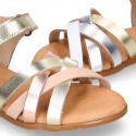 LAMINATED leather Girl sandal shoes with hook and loop strap closure with crossed straps design.