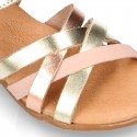 LAMINATED leather Girl sandal shoes with hook and loop strap closure with crossed straps design.