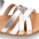 LAMINATED leather Girl sandal shoes with hook and loop strap closure with crossed straps design.