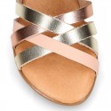 LAMINATED leather Girl sandal shoes with hook and loop strap closure with crossed straps design.