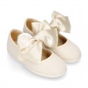 LINEN Girl Mary Jane shoes with hook and loop strap closure with BOW.